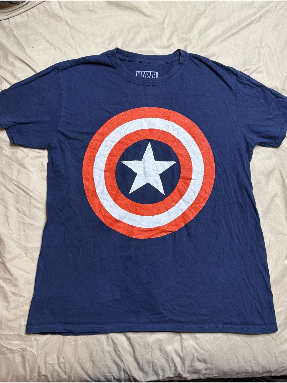 Marvel Men’s Navy Captain America Shield Tee - Red, White Size Large